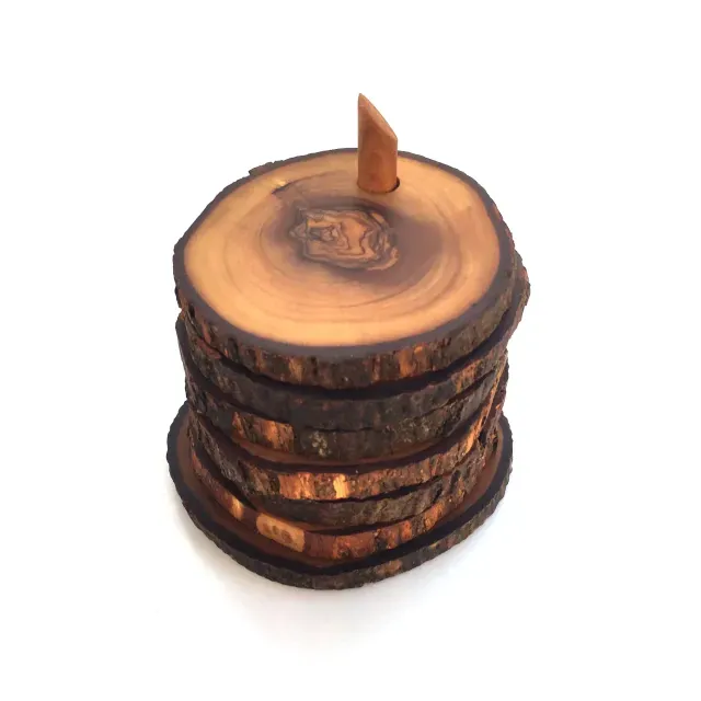 Set of 6 rustic coasters with holder made of olive wood