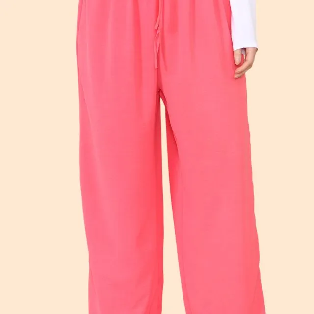 003 - Coral Lightweight Wide Leg Trousers with Ruched Stretchy Waistband