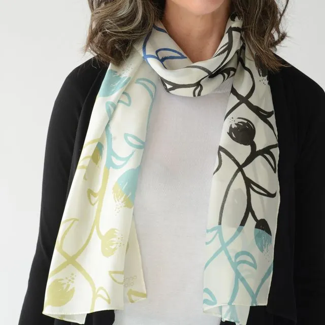 Unique Artist-Designed Silk Scarves for Women - Modern - Contemporary - Exclusive Print Design by Antenna Studio -"Interlaced Vert-White".