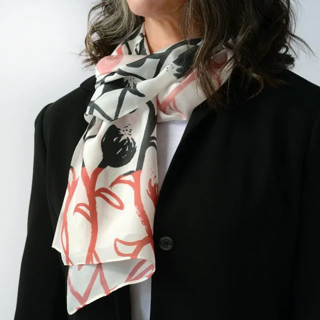 Unique Artist-Designed Silk Scarves for Women - Modern - Contemporary - Exclusive Print Design by Antenna Studio - Interlaced Rose-White"
