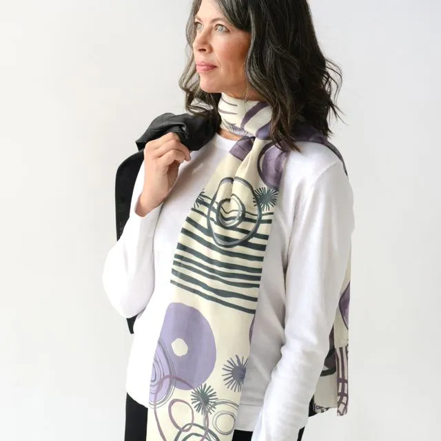 Unique Artist-Designed Silk Scarves for Women - Modern - Contemporary - Exclusive Print Design by Antenna Studio -"Vinyl records plum".