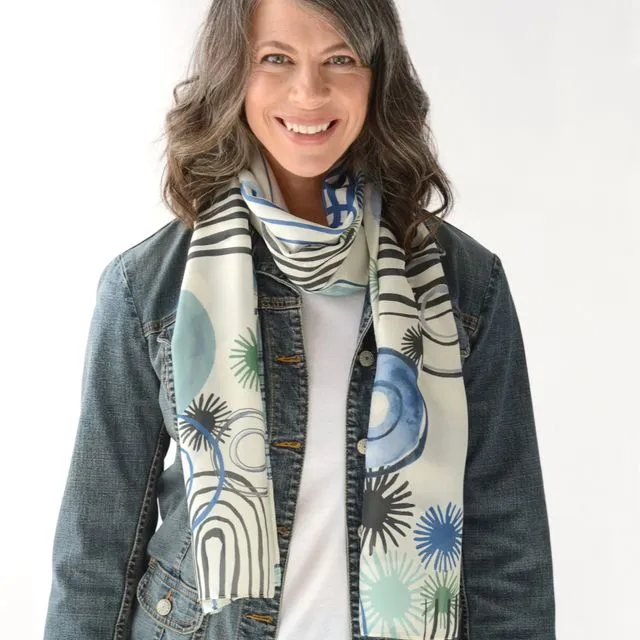 Unique Artist-Designed Silk Scarves for Women - Modern - Contemporary - Exclusive Print Design by Antenna Studio -"Vinyl records blue".