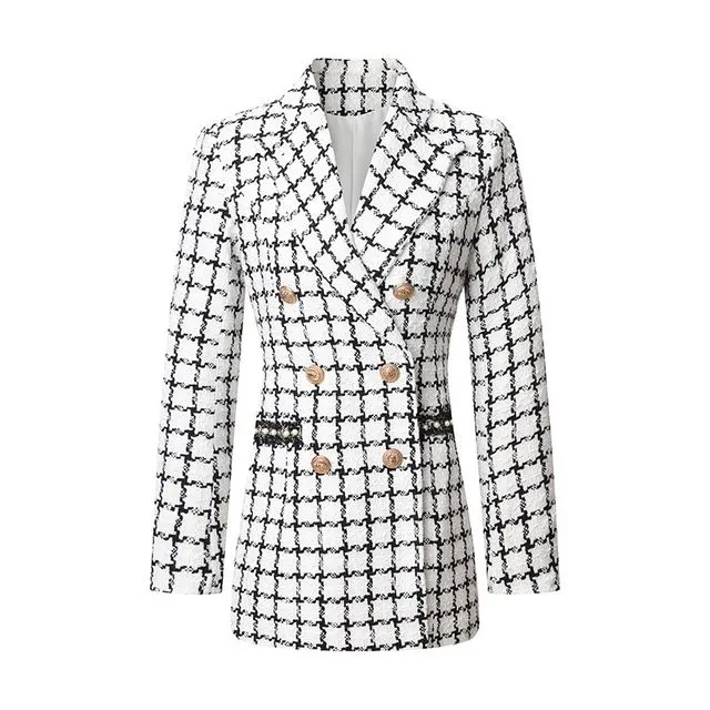 New autumn and winter black and white plaid temperament slim double breasted suit jacket for women