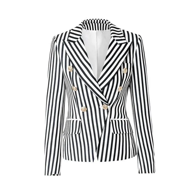 Retro Striped Blazer Women's Slim Casual Suit Top Double Breasted Suit