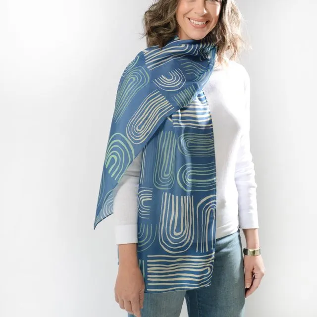 Unique Artist-Designed Silk Scarves for Women - Modern - Contemporary - Exclusive Print Design by Antenna Studio-"Vinyl Blue".