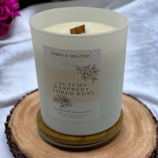Autumn Raspberry and Amber Rose Wood Wick Candle - White 215g