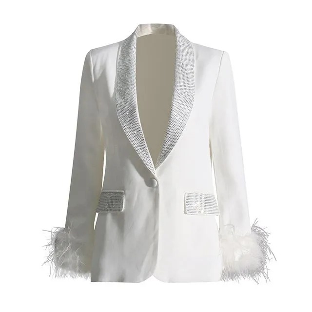 Elegant White Blazer: Rhinestone Detail, Feathered Cuffs, Slim Fit