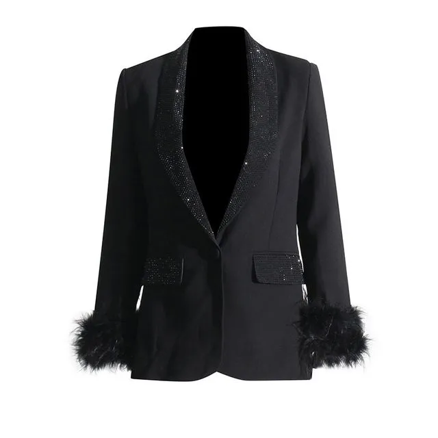 Elegant Black Blazer: Rhinestone Detail, Feathered Cuffs, Slim Fit