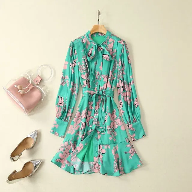 Chic Green Floral Midi Dress: Butterfly Neck & Lantern Sleeves