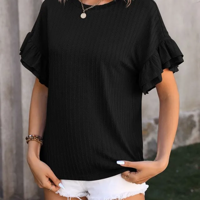 Solid color round neck ruffle sleeve short sleeve T-shirt top-Black