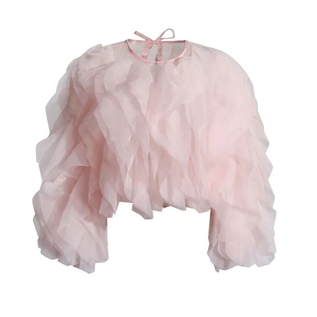 Pink Multi-layered Ruffled Patchwork Short Blouse