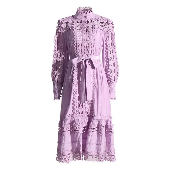 Lapel long sleeves lace-up waist design embroidered hollow solid color dress
