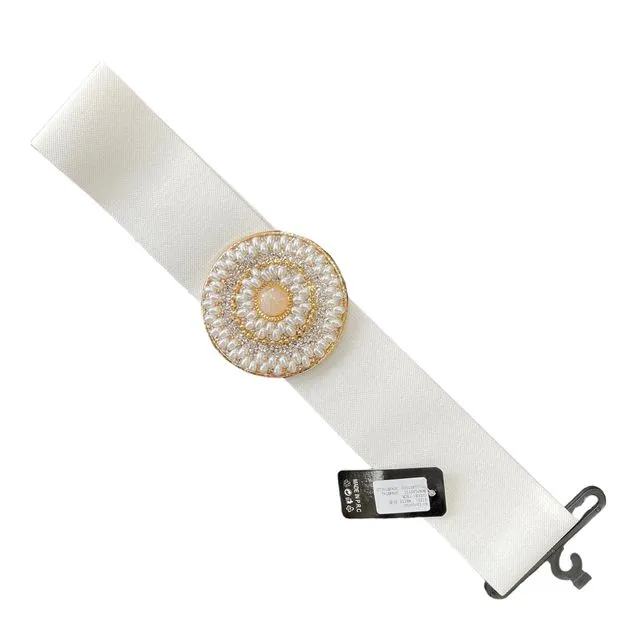 LD-16020 - White Elasticated Band Stretchy Band with Center Hook Up Circle Buckle Belt Embellished with Pearls, Crystals, Beads, Bars and Marble