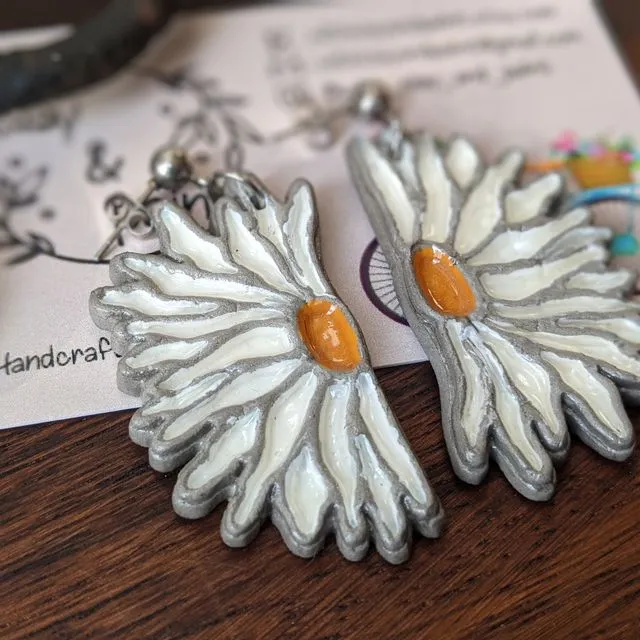 Daisy earrings, large embossed flower earrings, textured floral earrings,half flower clay earrings