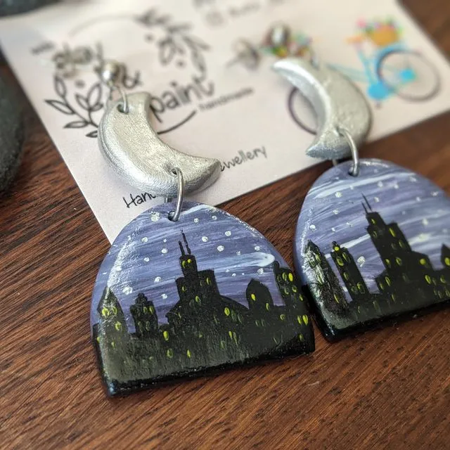 Chicago skyline statement clay earrings, nightime city landscape with a large silver star hand painted clay earrings
