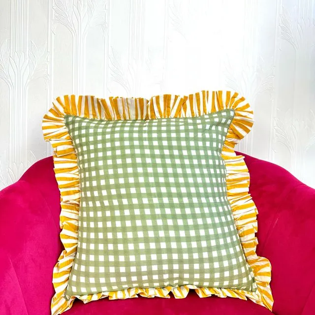 Cotton Frill Cushion Cover Home Interiors Decor Summer Quirky White Green Yellow Colours