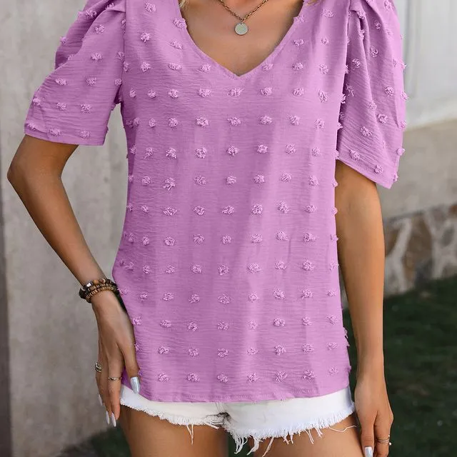Summer women's V-neck chiffon puff sleeve shirt short-sleeved tops-Purple