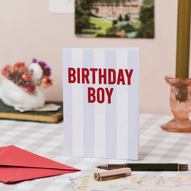 'Birthday Boy Stripe Card with Biodegradable Glitter