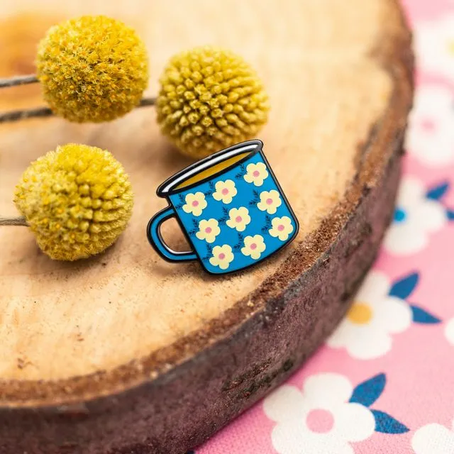 Happy Cup of Tea Pin Badge - Cute blue floral