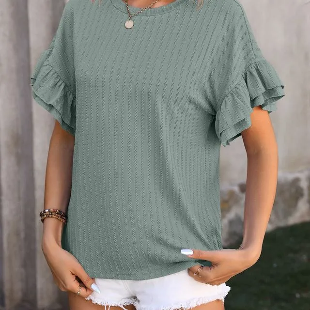 Solid color round neck ruffle sleeve short sleeve T-shirt top-Green