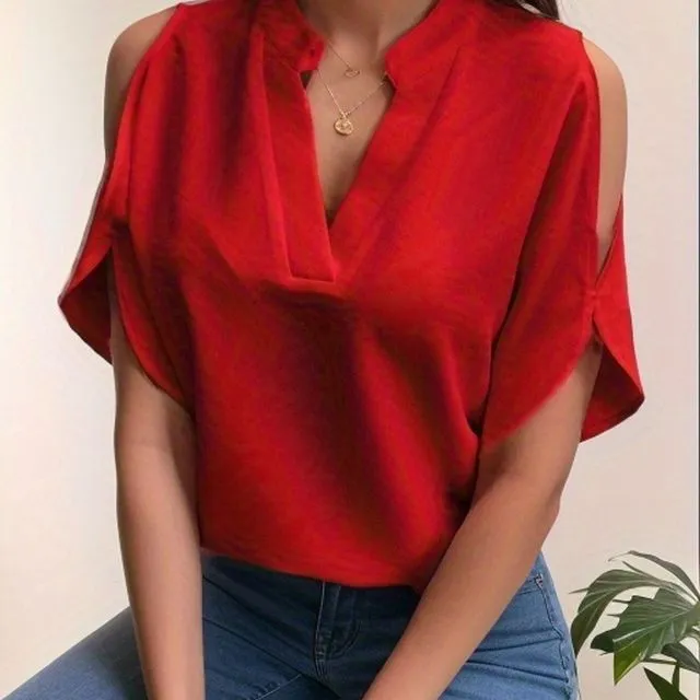 Women's loose off-shoulder printed V-neck bottoming shirt top - red