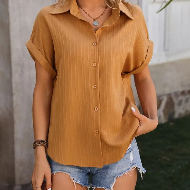 Textured Button Up Cap Sleeve Dropped Shoulder Shirt-Yellow