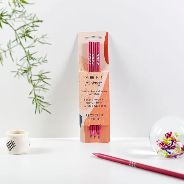 Pencils Pack of 3 recycled - Notes Coral & Geranium Pink