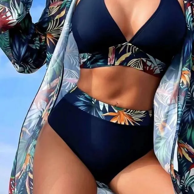3pcs Tropical Contrast Trim Halter Bikini Set with Cove up-Navy