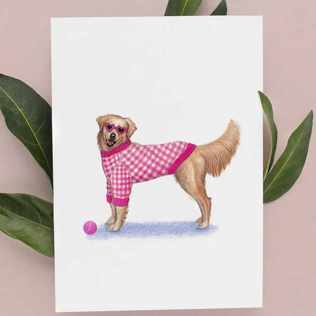 Golden Retriever Card | Funny Pink Dog | Birthday Cards