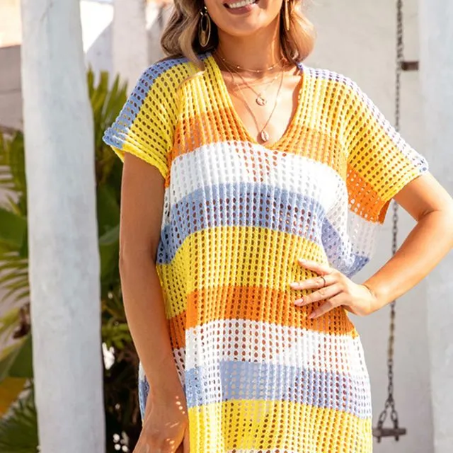 Striped Hollow Out Knit V Neck Tunic Cover Up-Yellow