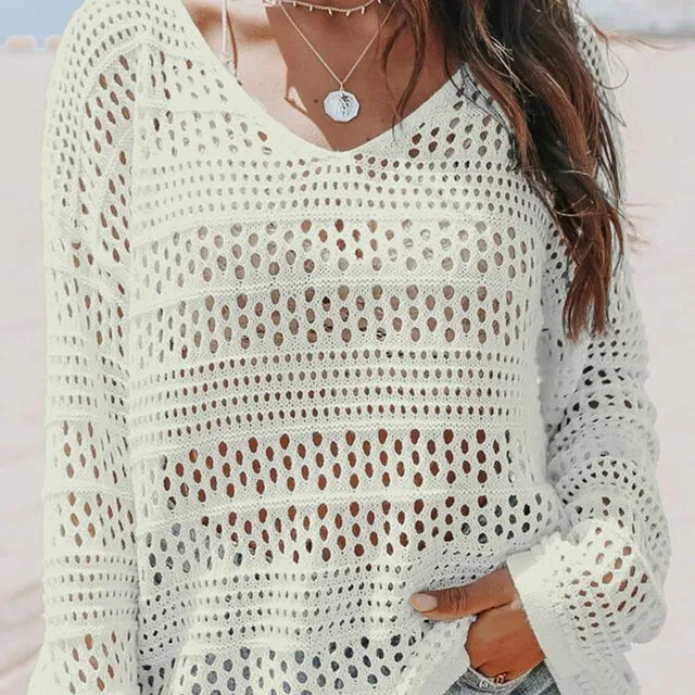 Hollow Out Crochet V Neck Pullover Sweater-White