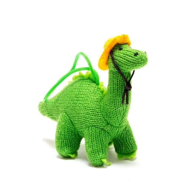 Knitted Diplodocus Dinosaur with Rain Hat Hanging Decoration
