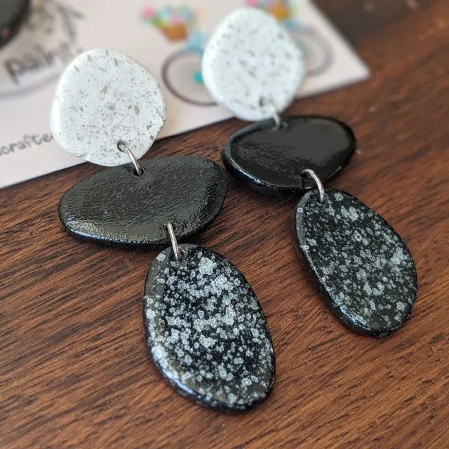 Speckled earrings, black white and silver earrings, minimal earrings