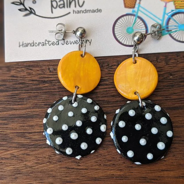 Polka dot earrings black, white & yellow, spotty clay earrings