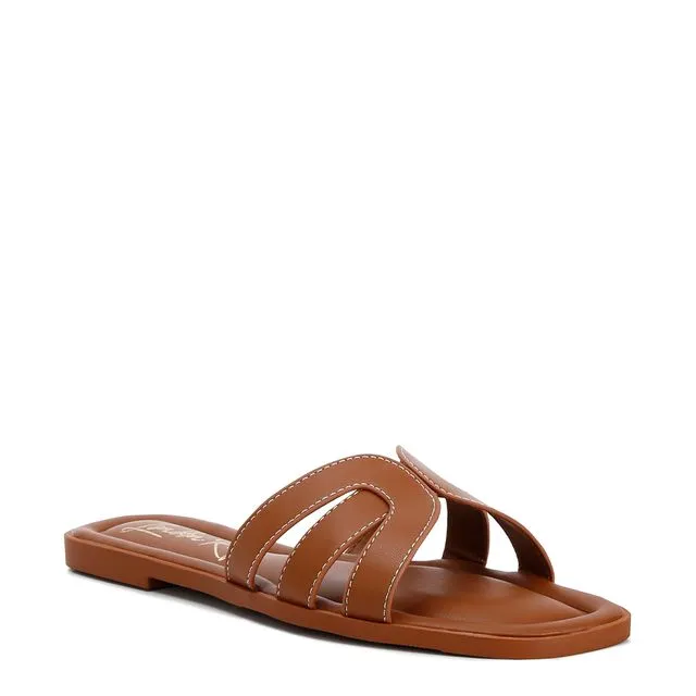 Aura Tan Faux Leather Flat Sandals