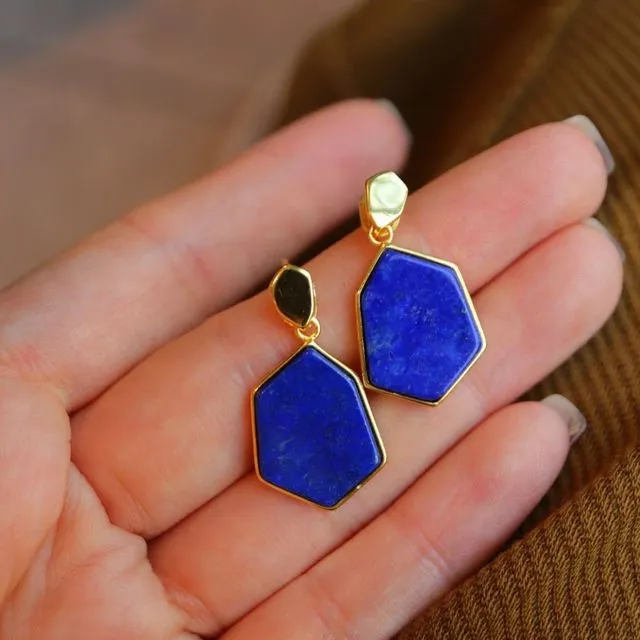 Vintage inspired natural ocean blue Lapis Lazuli hexagon drop earrings - Gold vermeil -AAAA Quality