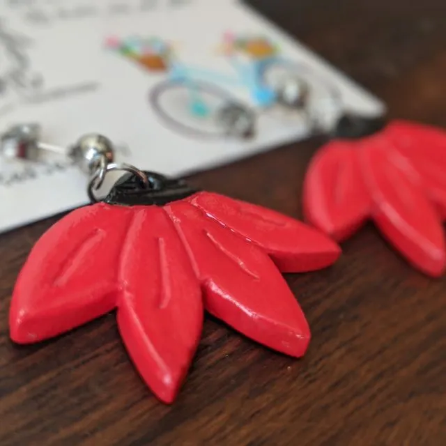 Red flowers clay earrings, bright red summer statement earrings