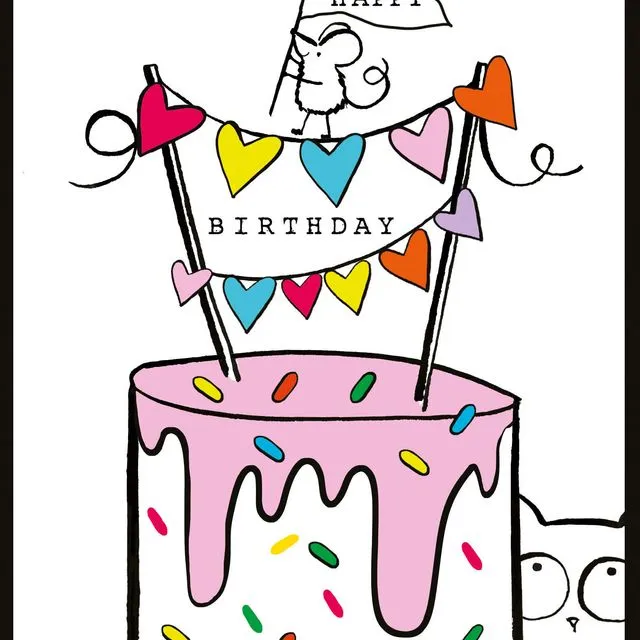 Greeting Card Birthday - Doodle Cake Cat & Mouse - NBW54