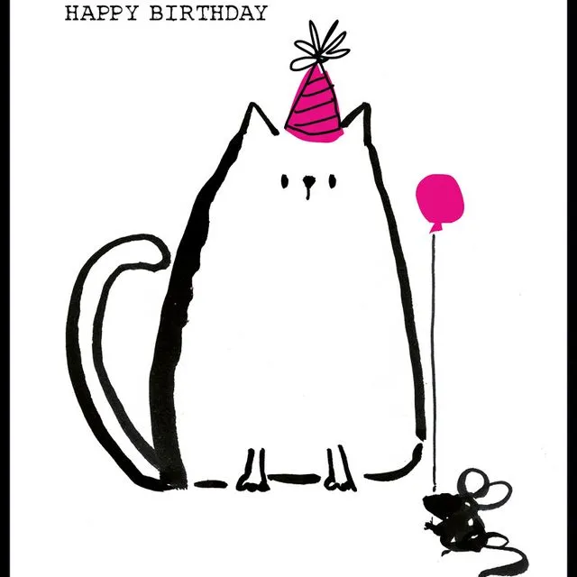 Greeting Card Birthday - doodle Cat In Party Hat -NBW7