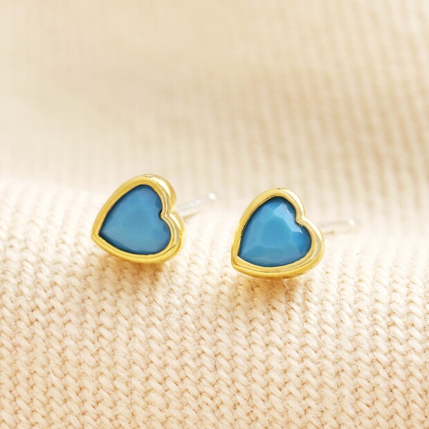 71985-Blue Stone Heart Stud Earrings in Gold
