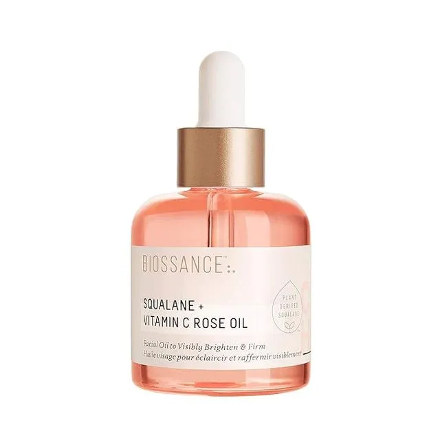 BIOSSANCE Squalane and Vitamin C Rose Oil. Facial Oil to Visibly Brighten, Hydrate, Firm and Reveal Radiant Skin 1.0 ounces