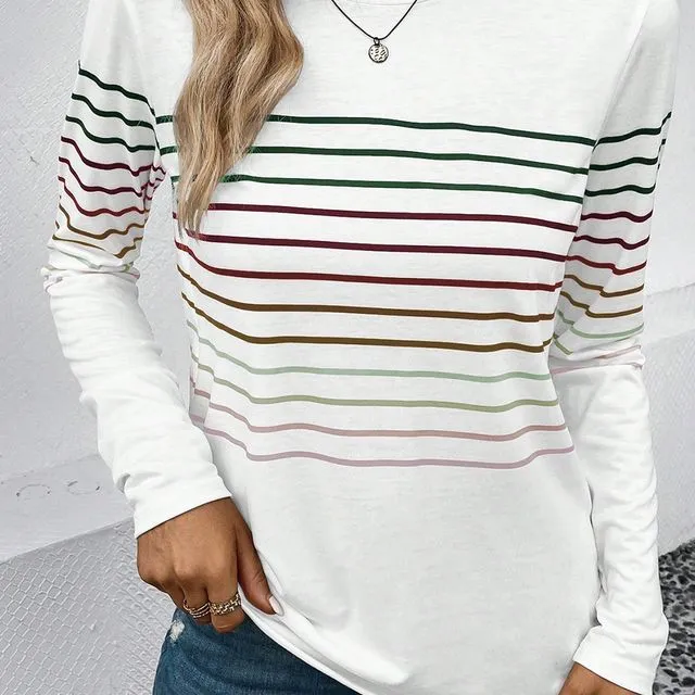 Multicolor Striped Crew Neck Long Sleeve Top-White