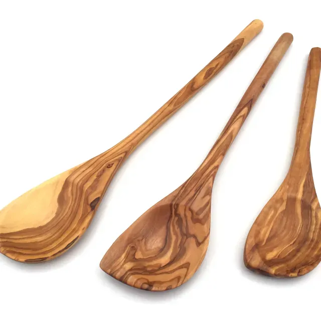 Pointed cooking spoon with a round handle made of olive wood