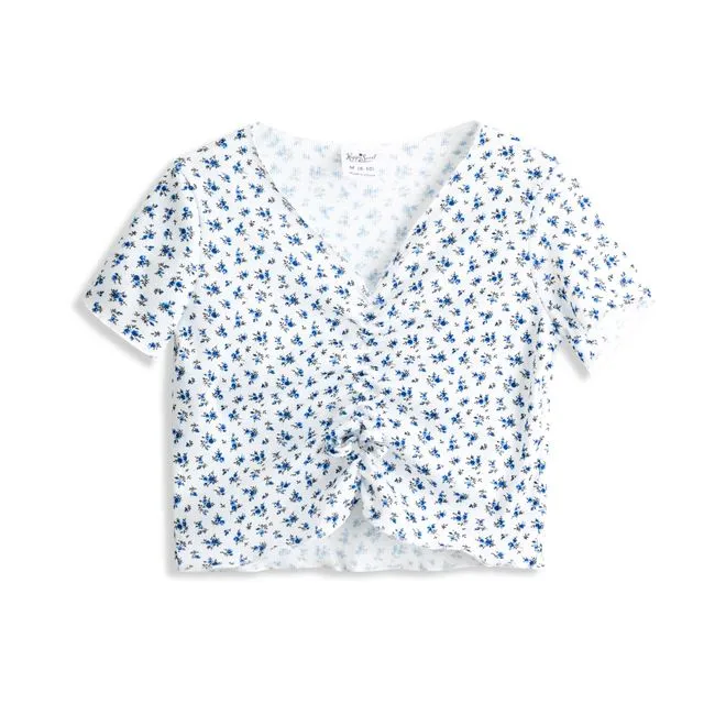 KIDS White & Blue Ditsy Floral Tie-Front V-Neck Tee Multi-sizes pack