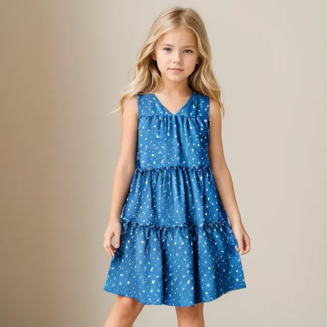KIDS Blue Denim Heart Tiered Sleeveless V-Neck Dress Multi-sizes pack