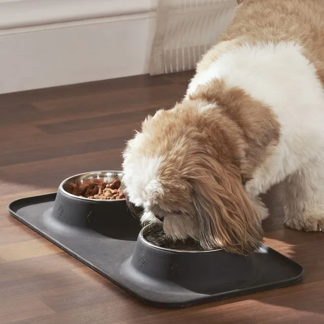Penguin Home Double Feeding Non Slip Silicon Pet Feeder Mat with 4 stainless steel bowls