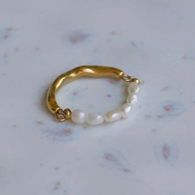 Hubert - Half Pearl Half Gold Band Textured Ring
