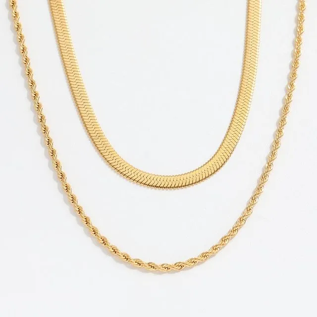 Fennel - Duo Snake &amp; Rope Layering Chain Necklace