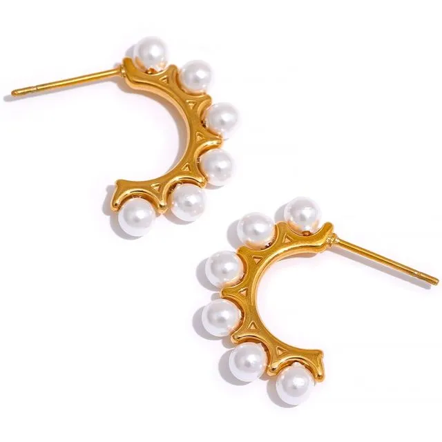 Karolek - Inlay Pearl Gold Huggie Earrings