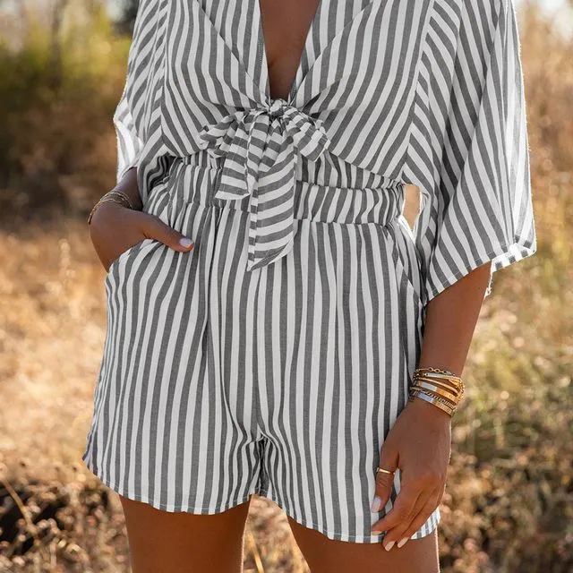 Tie Front Striped Romper with Pockets - (GD864110175 ~ GRAY)